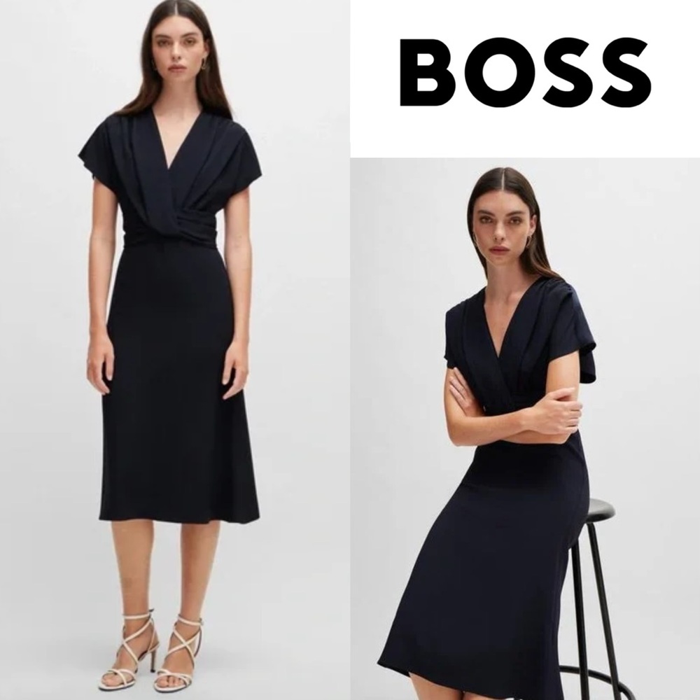 $595 Boss Debasa draped faux wrap dress navy size 6